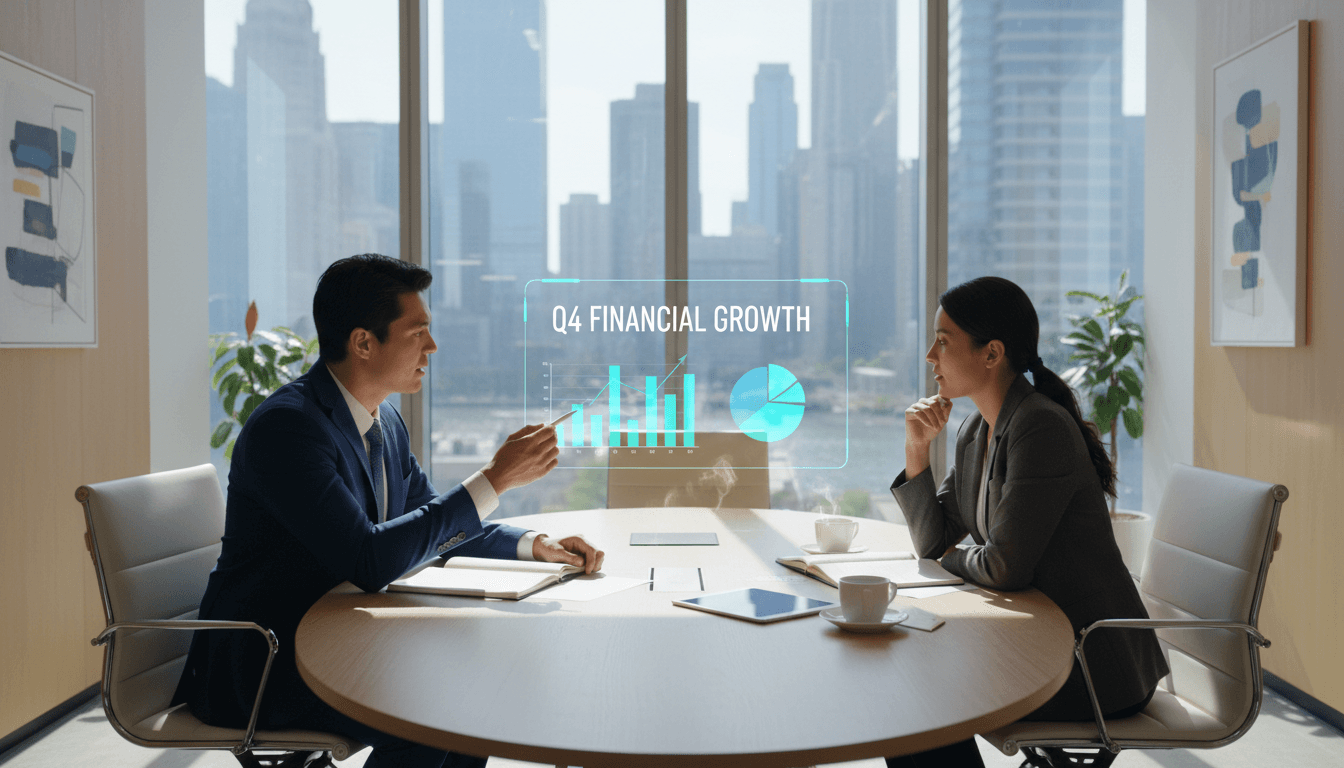 Business consultant reviewing financial data with a client in a modern office