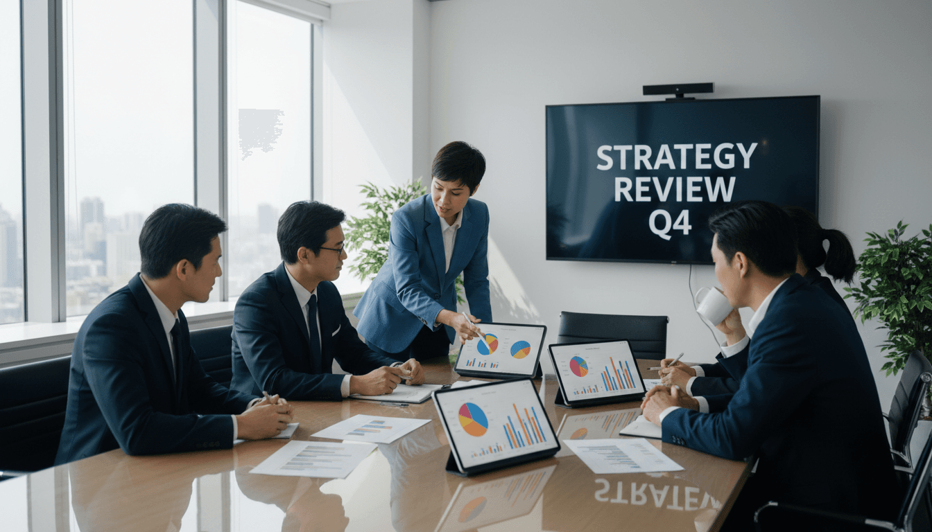 Three professionals in a bright office reviewing charts at a table