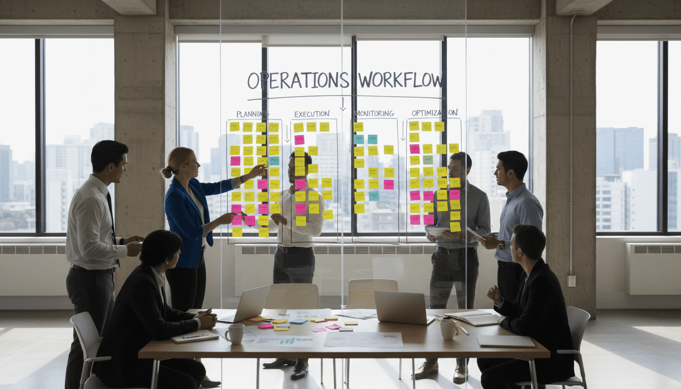 Team collaborating on a workflow with sticky notes in a modern office