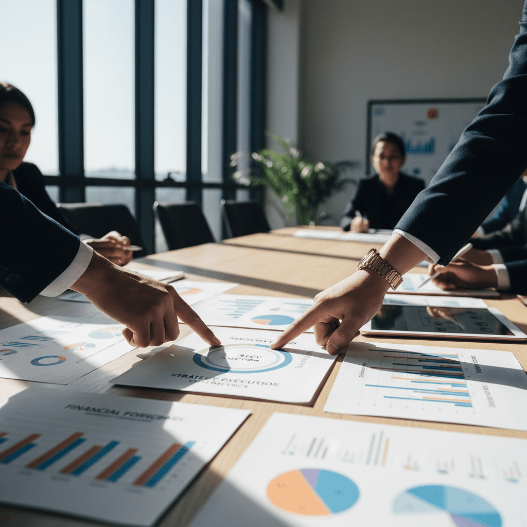 Business consultant reviewing strategy charts with a client in a modern office