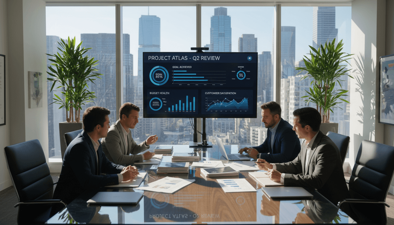 Project manager coordinating tasks with team in bright modern meeting room