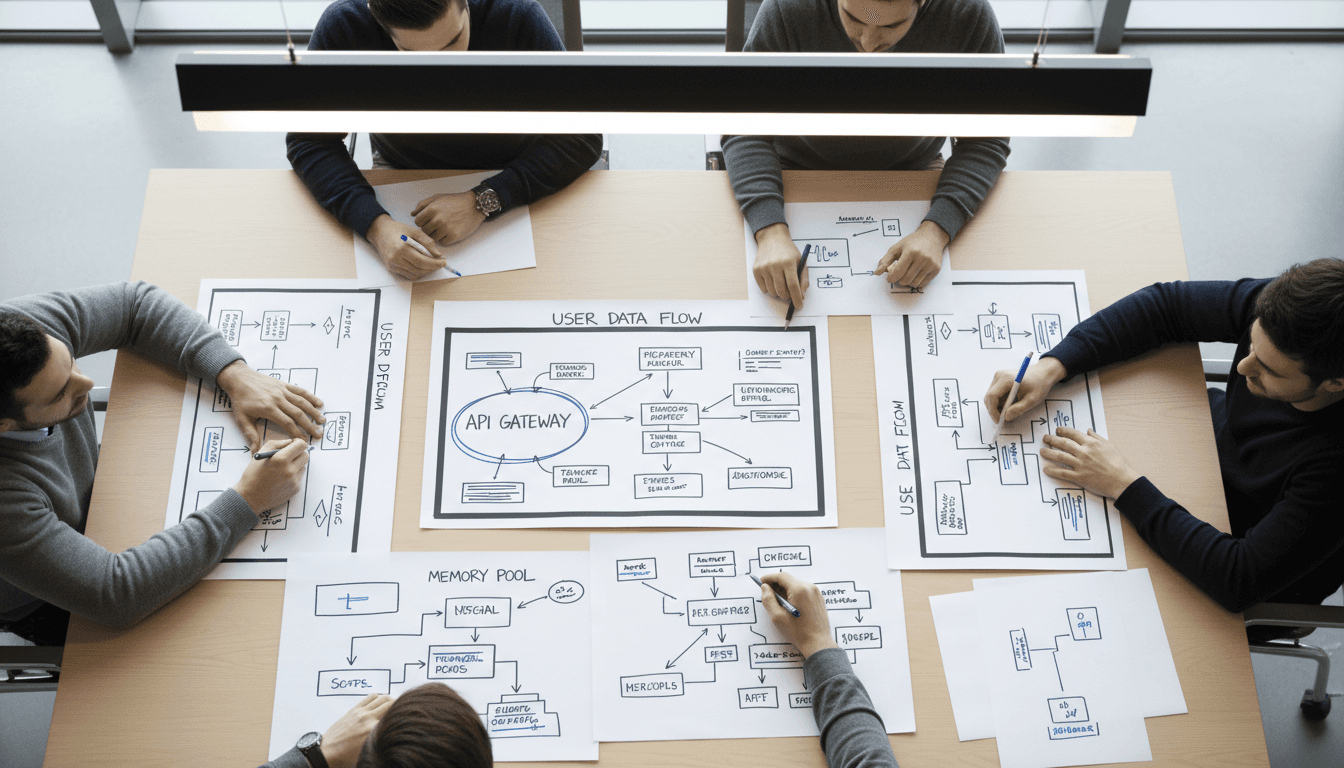 Professional pointing at process flow chart on whiteboard during team meeting