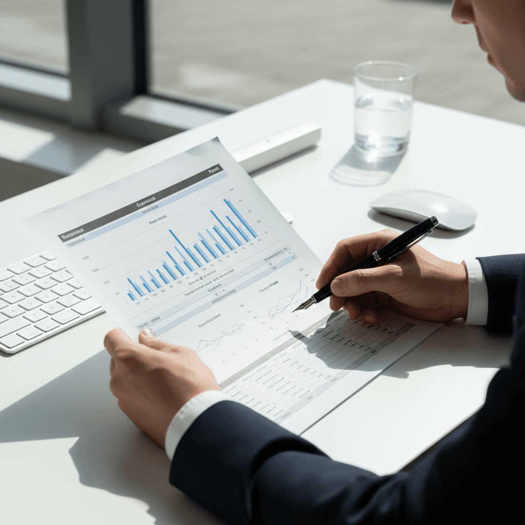 Close up of financial analyst hands analyzing charts and graphs on desk in office