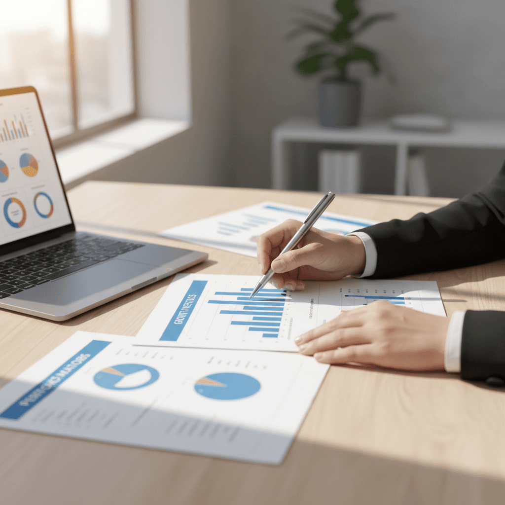 Business consultant analyzing financial data on a desk in a modern office