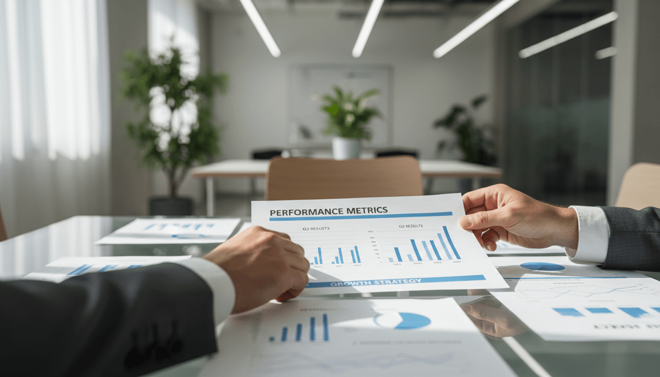 Business consultants reviewing strategy documents around a conference table in a modern office
